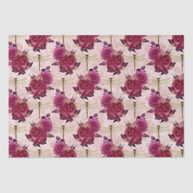 Papier Mousseline libellules roses et Roses (Recto)