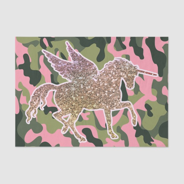 Papier Mousseline Licorne Camouflage Rose Vert & Paillettes Dorées (Recto)