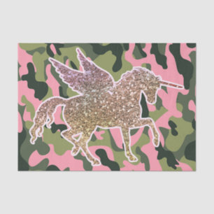 Papier Mousseline Licorne Camouflage Vert Rose & Paillettes Dorées