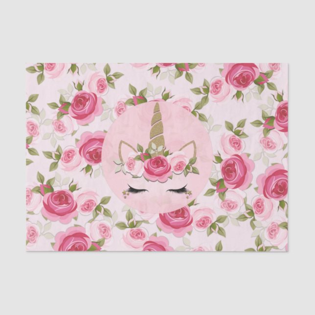 Papier Mousseline Licorne Or Fleurs Roses Floral Tendance Mignon (Recto)