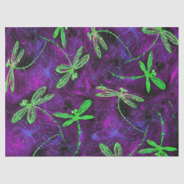 Papier Mousseline Lime Green Dragonlies sur violet et rose (Recto)