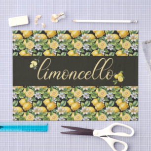 Papier Mousseline limoncello, citrons à l'aquarelle avec motif flora