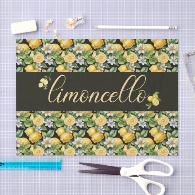 Papier Mousseline limoncello, watercolor lemons with flowers pattern (Artisanat)