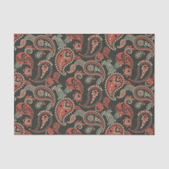 Papier Mousseline Linocut Traditionnel Paisley Chaud Orange Mint Ver (Recto)