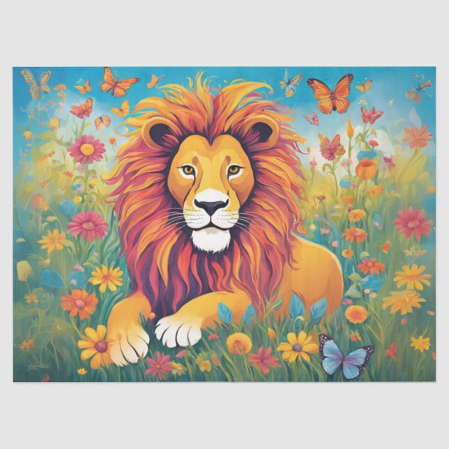 Papier Mousseline Lion Couché dans le Jardin de Fleurs (Recto)
