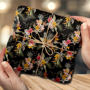 Papier Mousseline Liquide d'hibiscus d'ananas tropical sur noir