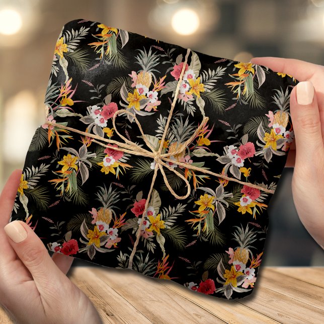 Papier Mousseline Liquide d'hibiscus d'ananas tropical sur noir (Créateur téléchargé)