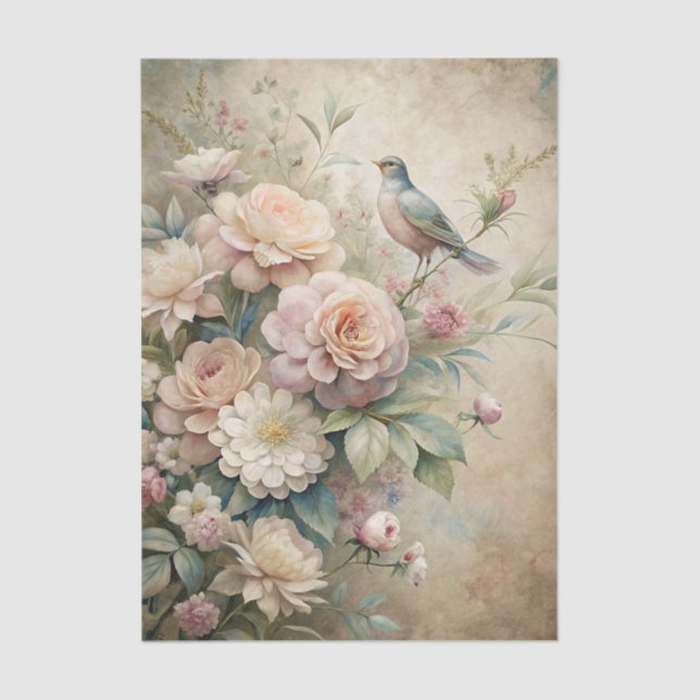 Papier Mousseline Little Bird Perched on Large Floral Bouquet (Recto)