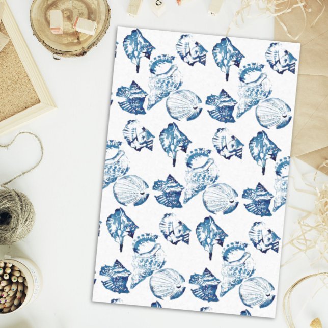 Papier Mousseline littoral chic indigo bleu marine (coastal chic indigo blue ocean watercolor seashell tissue paper)