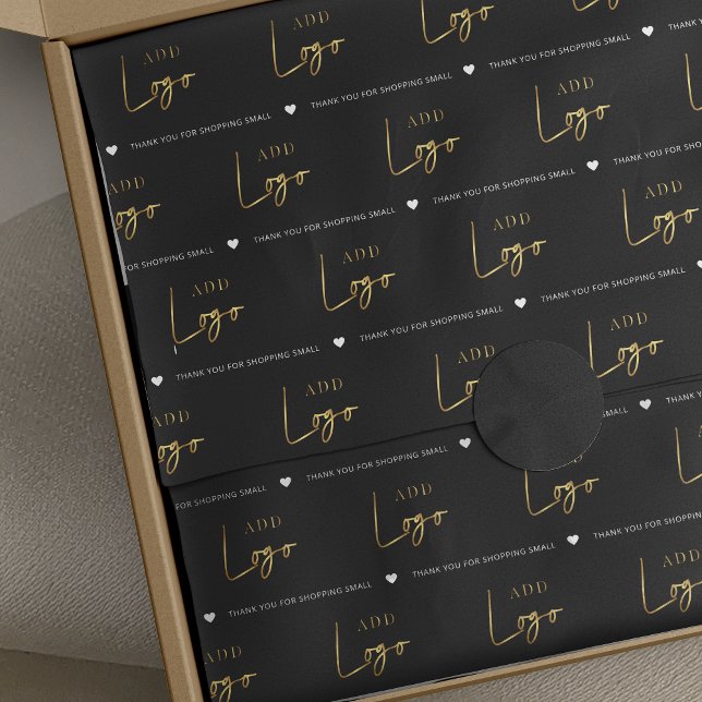 Papier Mousseline Logo Black & Gold Marque moderne Emballage d'entre (Black and gold logo branded tissue paper with custom thank you for order text)