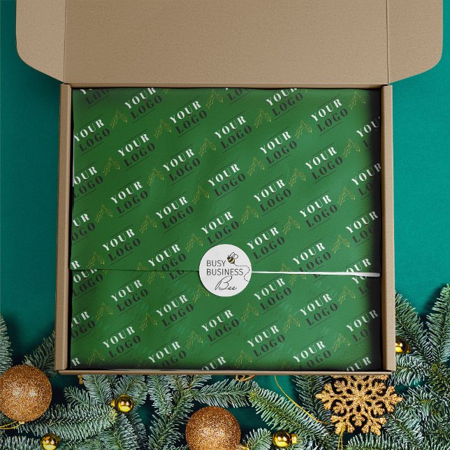 Papier Mousseline Logo sur mesure Green Christmas Holly carrelé (Logo branded tissue paper by Busy Business Bee)