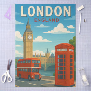 Papier Mousseline Londres Angleterre Voyage Vintage Big Ben, Bus Rou