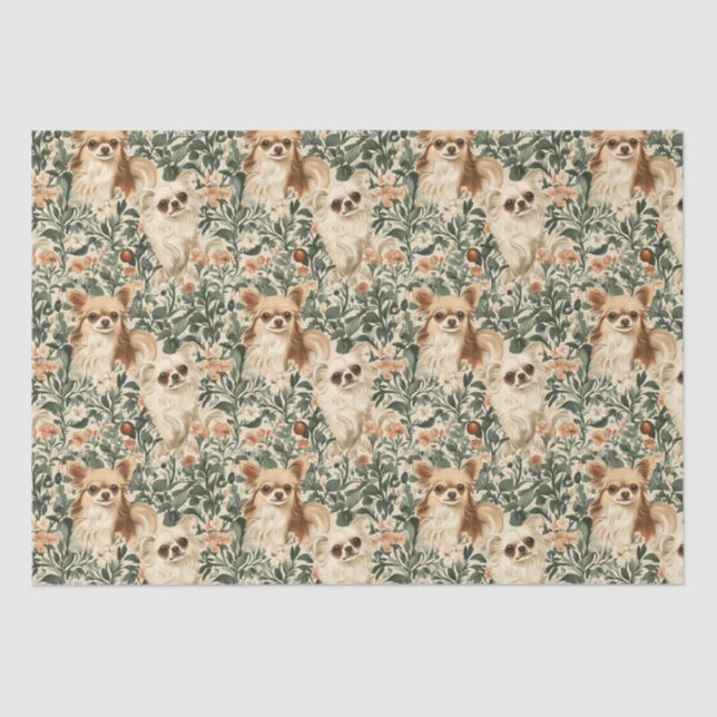 Papier Mousseline Long Haired Chihuahuas William Morris style floral (Recto)