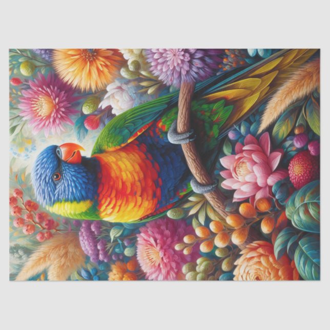 Papier Mousseline Lorikeet arc-en-ciel avec découpage de fleurs (Recto)