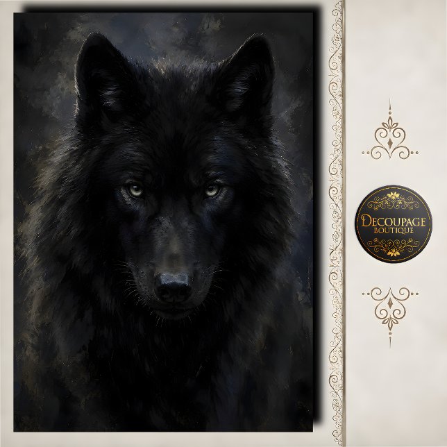 Papier Mousseline Loup noir regard intense découpage (Black Wolf Intense Gaze Decoupage Tissue Paper)