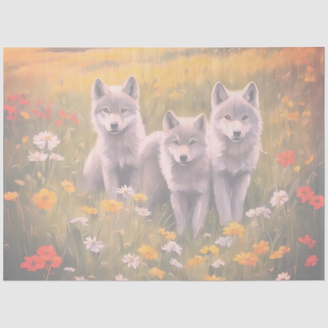 Papier Mousseline Louveteaux de loup gris espiègles (Recto)
