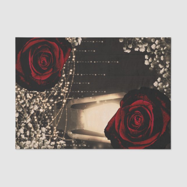 Papier Mousseline Lumières de lanterne rustique rouge foncé Roses Ma (Recto)