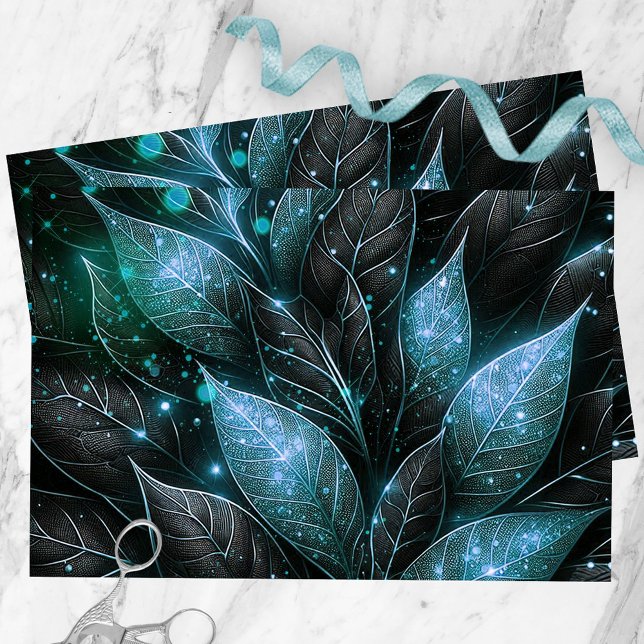 Papier Mousseline Luxe Sophistiqué Turquoise Noir Foliage brillant (Créateur téléchargé)