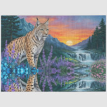 Lynx au lever du soleil par cascade