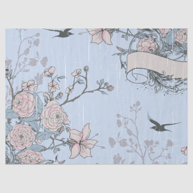 Papier Mousseline Lys rose asiatique et Roses en bleu (Recto)