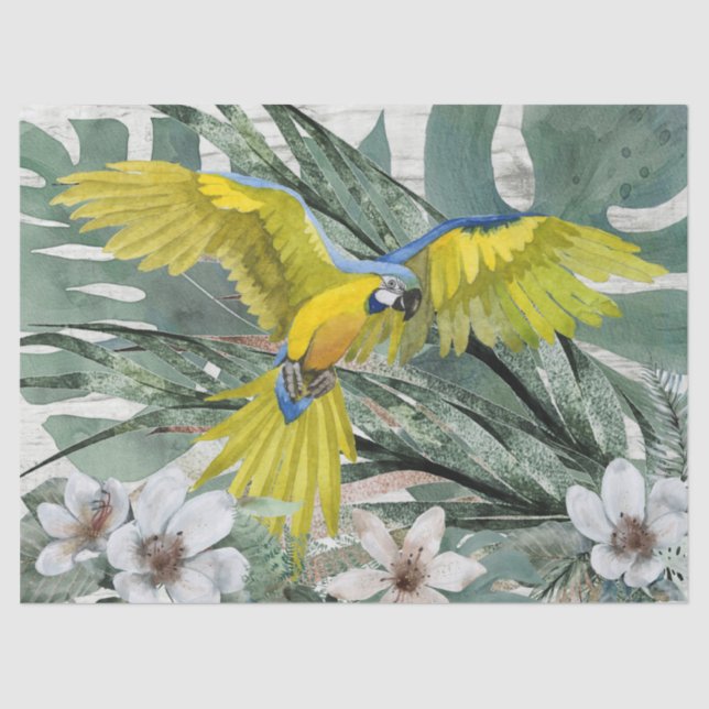 Papier Mousseline Macaw Parrot Bleu Jaune Floral Tropical (Recto)