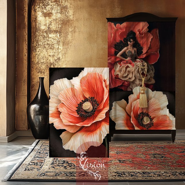 Papier Mousseline Macro fleur de pavot Fermer Corail rouge et noir (Luxe Blooms, Poppy Flower, Macro Close-up, Coral Red, black and beige, decoupage tissue paper.)