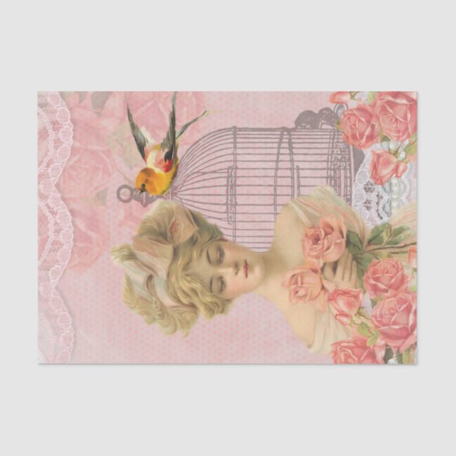 Papier Mousseline Madame victorienne vintage et Birdcage. (Recto)