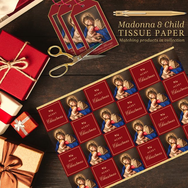 Papier Mousseline Madonna & Enfant Rouge Or Noël religieux (Madonna and Child religious Christmas tissue paper for gift wrapping in red and gold)