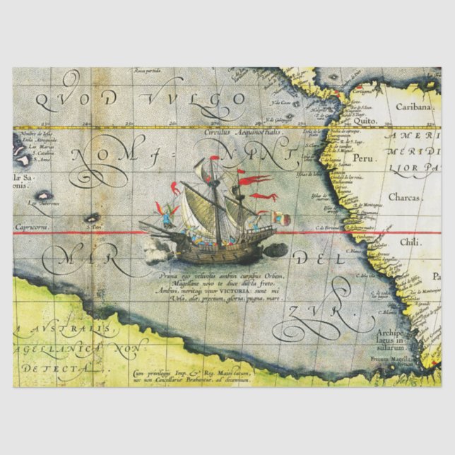 Papier Mousseline Magellans navire Victoria, Antique Carte Océan Pac (Recto)