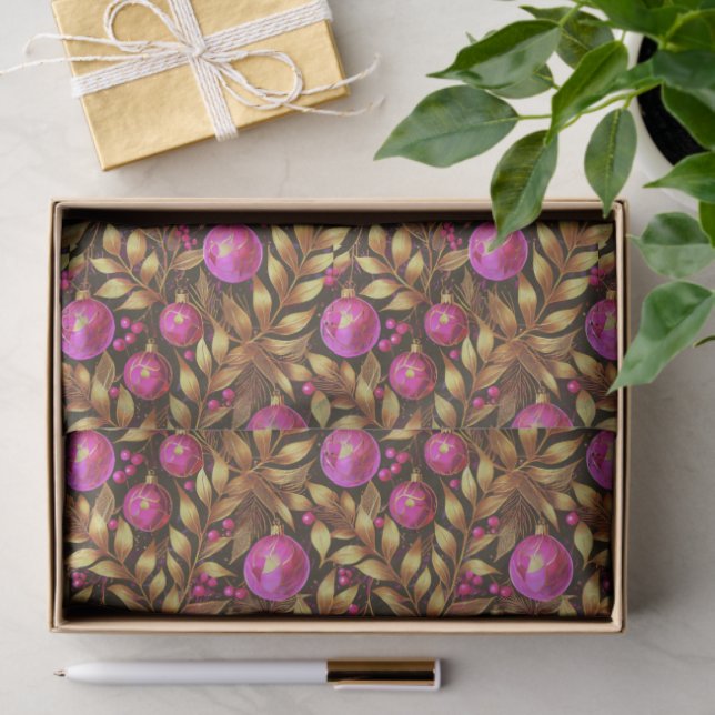 Papier Mousseline Magenta Gold Christmas Pattern#29 ID1009 (Cadeau)