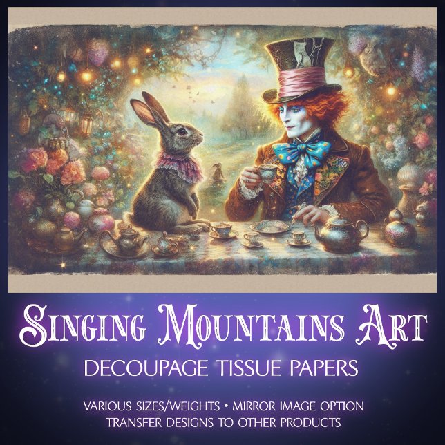 Papier Mousseline Magical Tea Time Hatter and Rabbit Decoupage (Créateur téléchargé)
