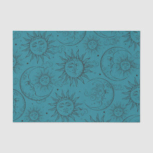 Papier Mousseline Magie sarcelle céleste vintage soleil lune étoiles