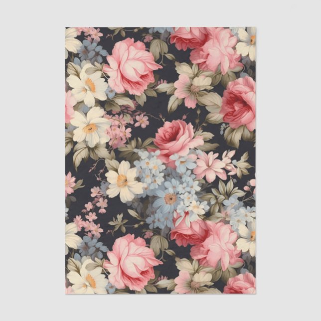 Papier Mousseline Magnifique motif de fleurs sur fond sombre (Recto)