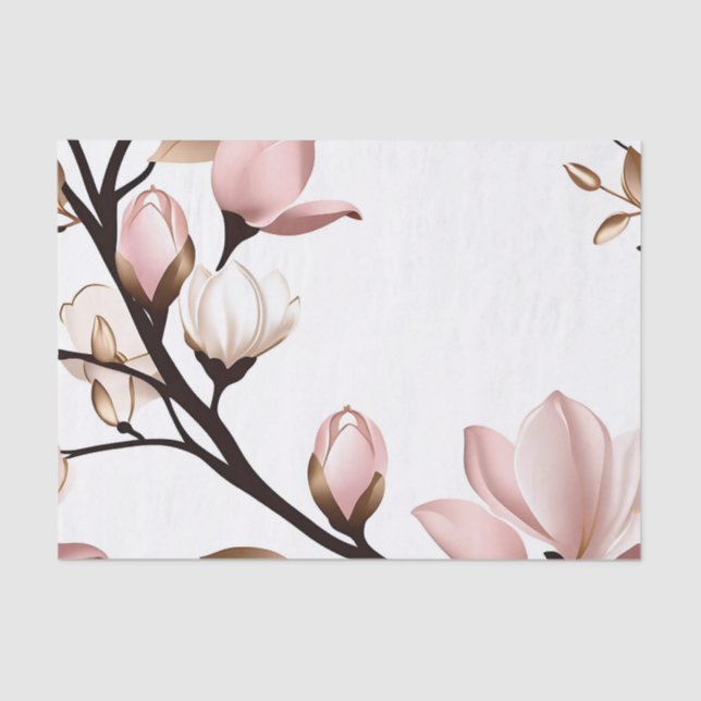 Papier Mousseline Magnolia rose pâle sur blanc (Recto)