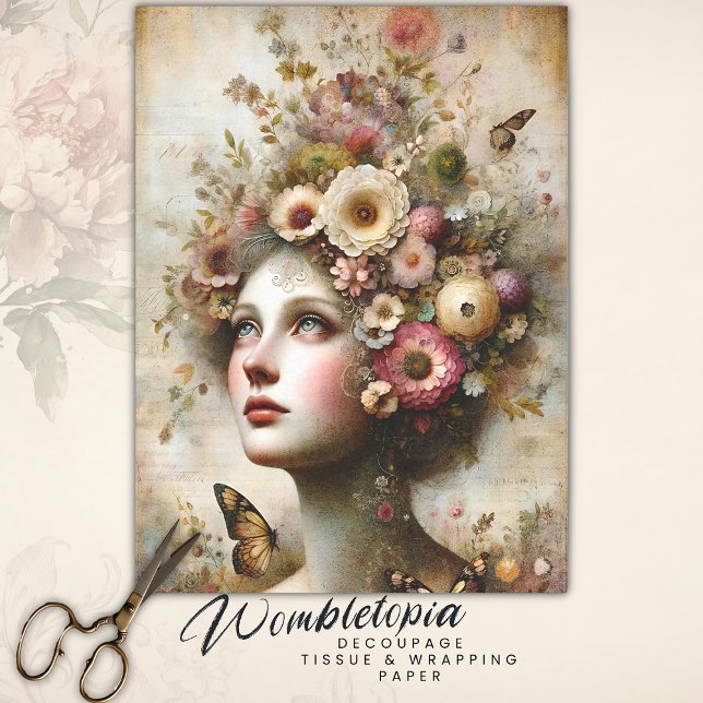 Papier Mousseline Maiden floral rose blanc, Découpage antique (Créateur téléchargé)