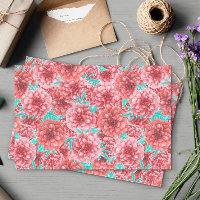 Papier Mousseline Main rose Peony dessinée à la main motif floral (Pink Floral Pattern Tissue Paper)