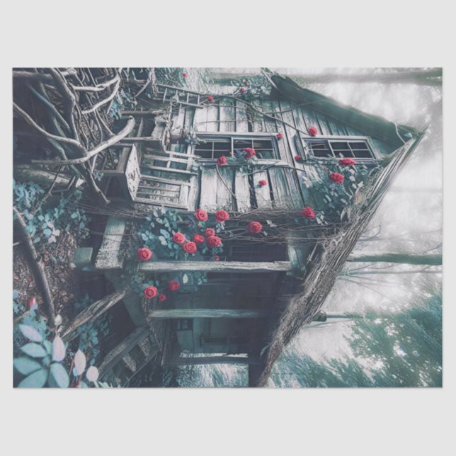 Papier Mousseline Maison ancienne dans les bois avec découpage Rose (Recto)