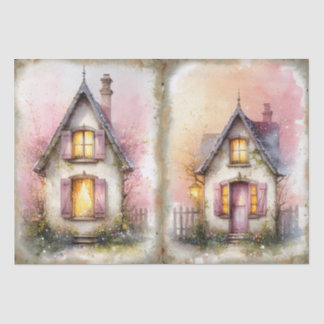 Papier Mousseline Maison Cottagecore rose et aquarelle pailletée