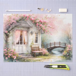 Papier Mousseline Maison de printemps Cottagecore en fleurs à l'aqua