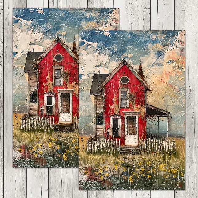 PAPIER MOUSSELINE MAISON RUSTIQUE ROUGE DÉLABRÉE DÉCOUPAGE MIXTA MED (SHABBY RED RUSTIC HOUSE MIXED MEDIA DECOUPAGE TISSUE PAPER)