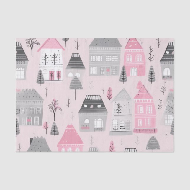 Papier Mousseline Maisons de Noël gris blanc rose (Recto)
