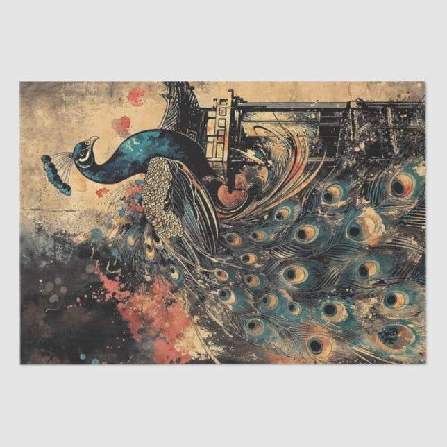 Papier Mousseline Majestic Peacock on Oriental Pagoda (Recto)