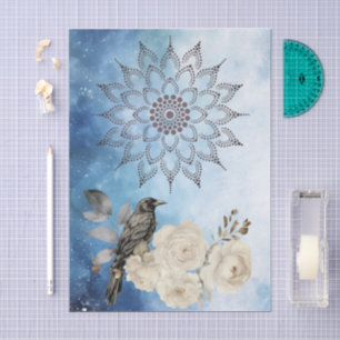 Papier Mousseline Mandala Corbeau Noir Fleurs Blanches Fond Bleu