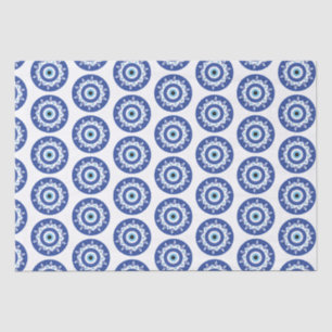 Papier Mousseline Mandala Grec Mal Eye Motif Bleu Blanc