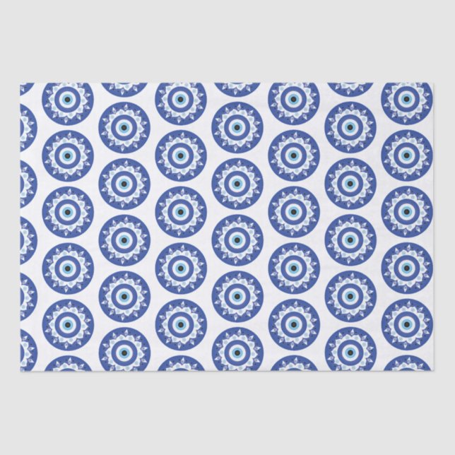 Papier Mousseline Mandala Grec Mal Eye Motif Bleu Blanc (Recto)