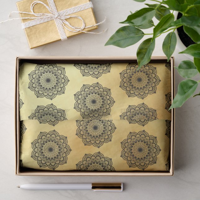 Papier Mousseline Mandala noir sur fond or doux (Cadeau)