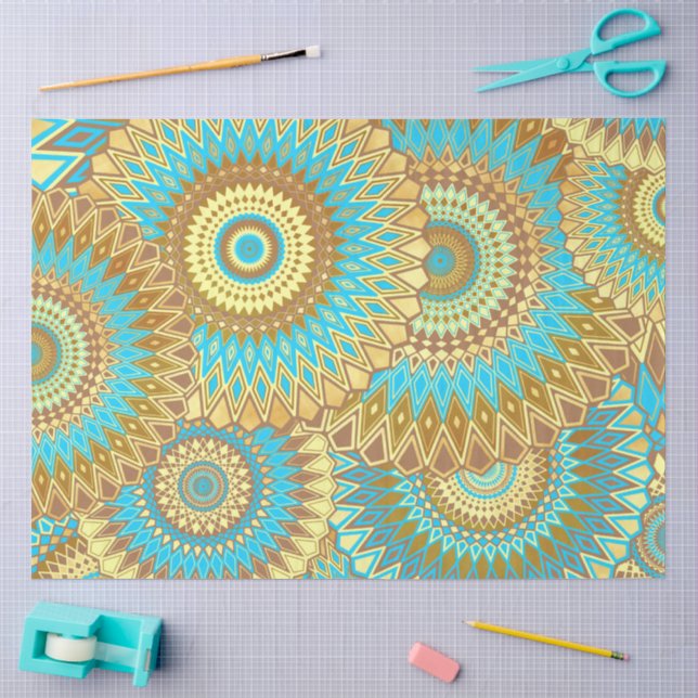 Papier Mousseline Mandala superposé bleu marron or (Artisanat)