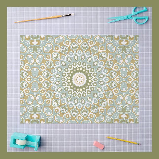 Papier Mousseline Mandala Terrien en Vert, Or et Bleu Clair (Créateur téléchargé)
