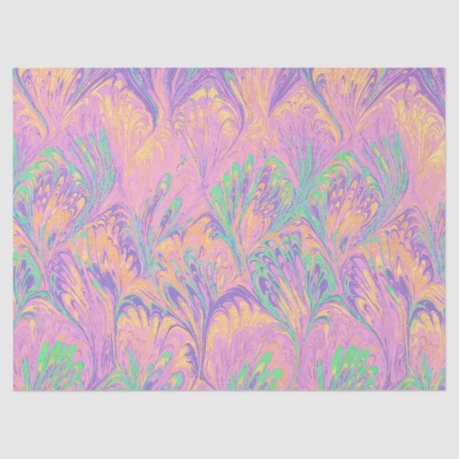 PAPIER MOUSSELINE MARBLED PAPER,ABSTRACT PINK GREEN  PEACOCK PATTERN (Recto)