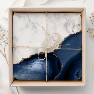 Papier Mousseline Marbre blanc Agate Navy Blue dorée